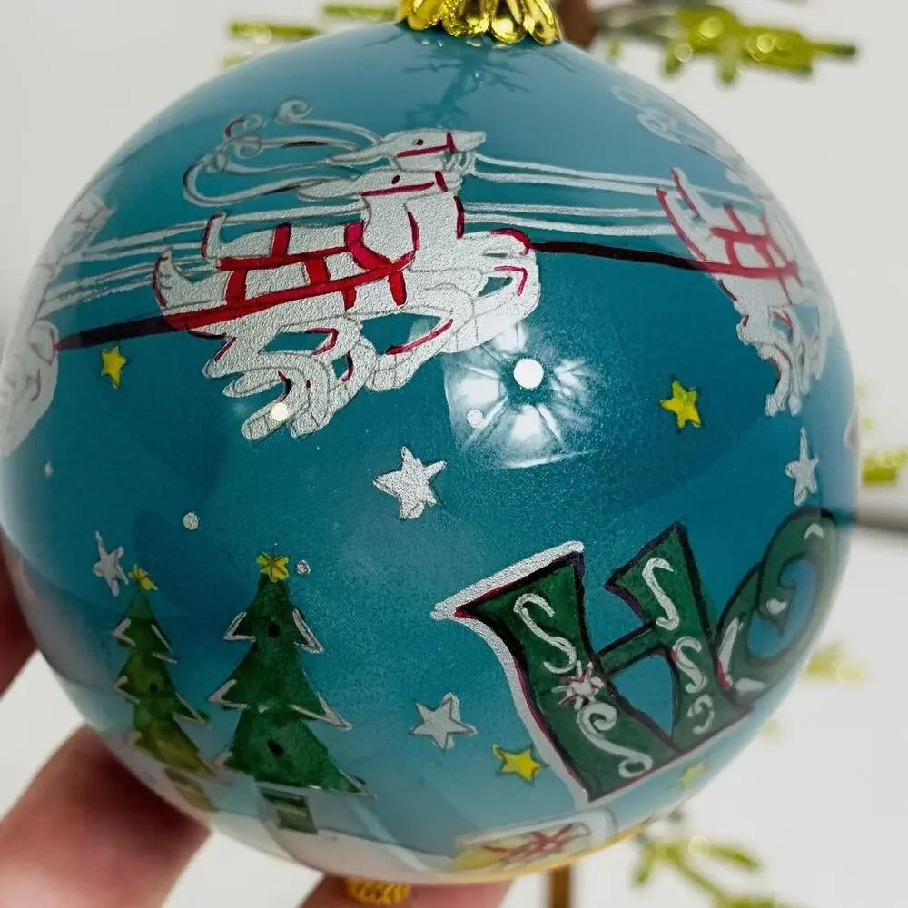 Pier 1 Li Bien 2009 Glass Ornament Santa Sleigh Reindeer Ho Ho Ho Inside Painted